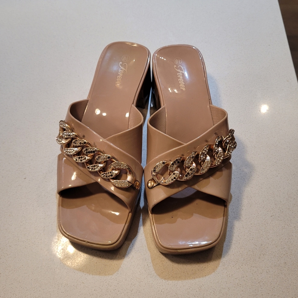 New nude/pink Gold Chain Jelly Platform Chunky Heel Slides Sandals